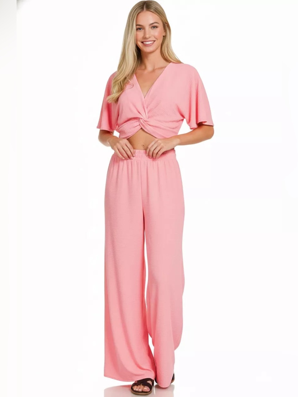 Zenana Pink Two-Piece Twist Crop Top & Wide Leg Pant Set